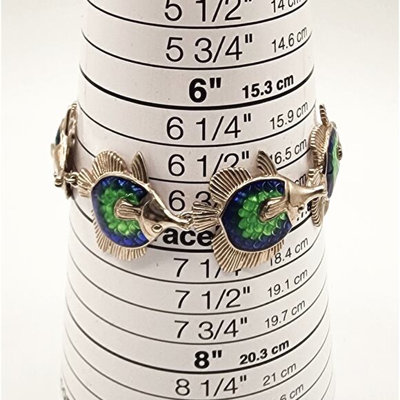 Kabana Sterling Silver Angelfish Guilloche Enamel Bracelet Blue Green 1980s USA - Picture 5 of 5